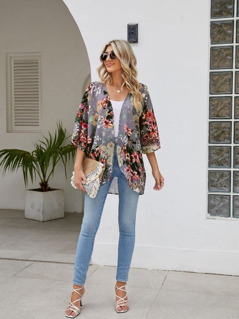 BB&KK Women's Summer Tops Plus Size 2023 Cute Business Casual Outfits Dressy Kimono Cardigans Chiffon Floral Small Deep Gray - Image 5